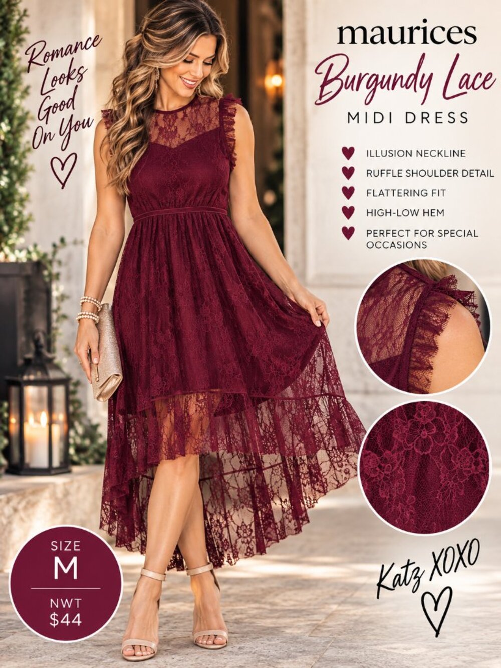 Maurices Burgundy Lace Midi Dress M NWT High Low Wedding Guest Holiday Romantic